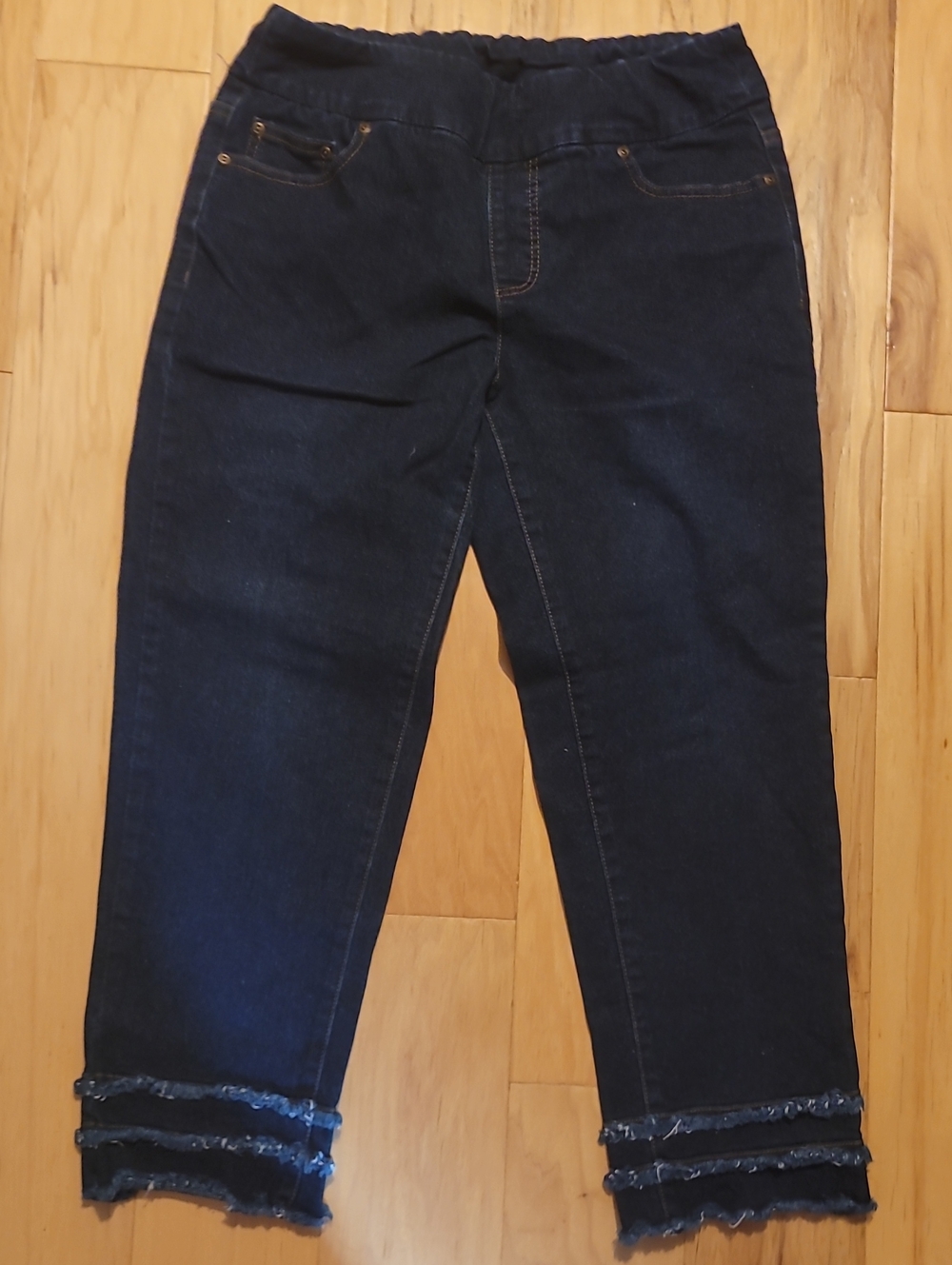 Multiples Dark Blue Cropped Jeans with Frayed Triple-Hem